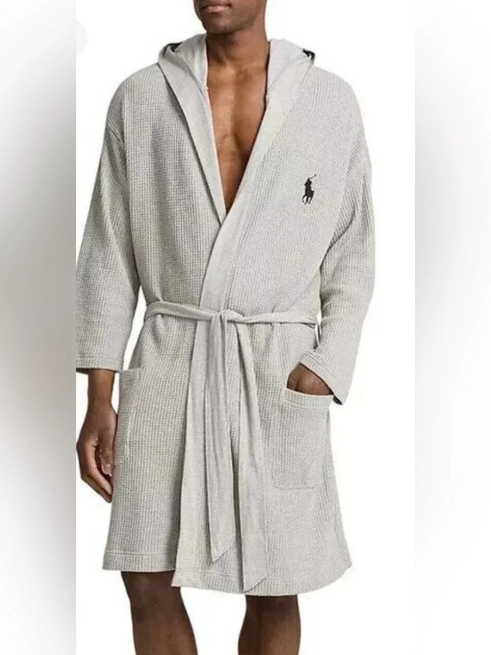 Polo by Ralph Lauren Light Gray Hooded Thermal Knit Waffle Belted Robe-NEW